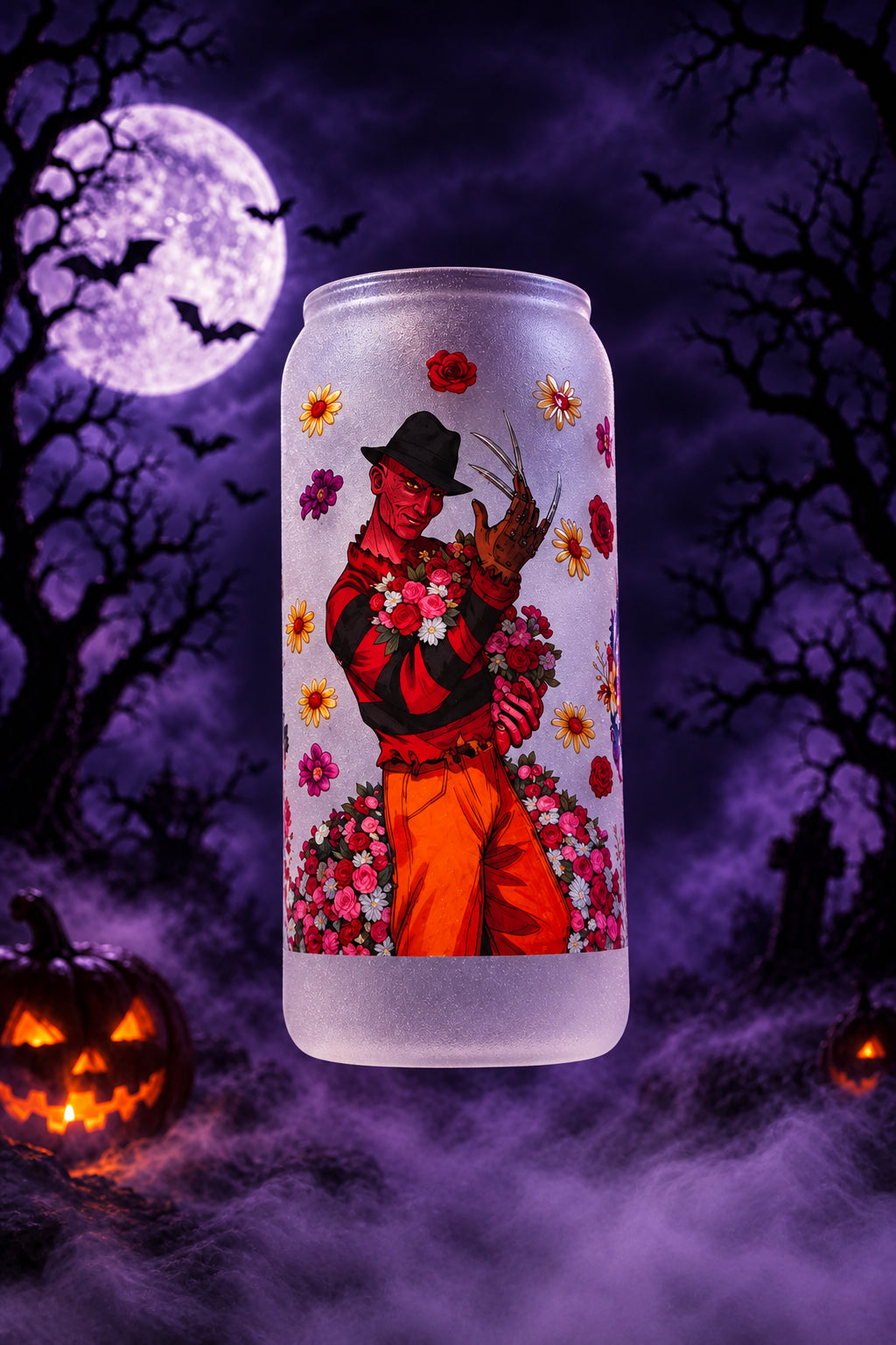 Floral Horror Villains Frosted Glass Tumbler with Bamboo Lid and Straw The Bargains Basement