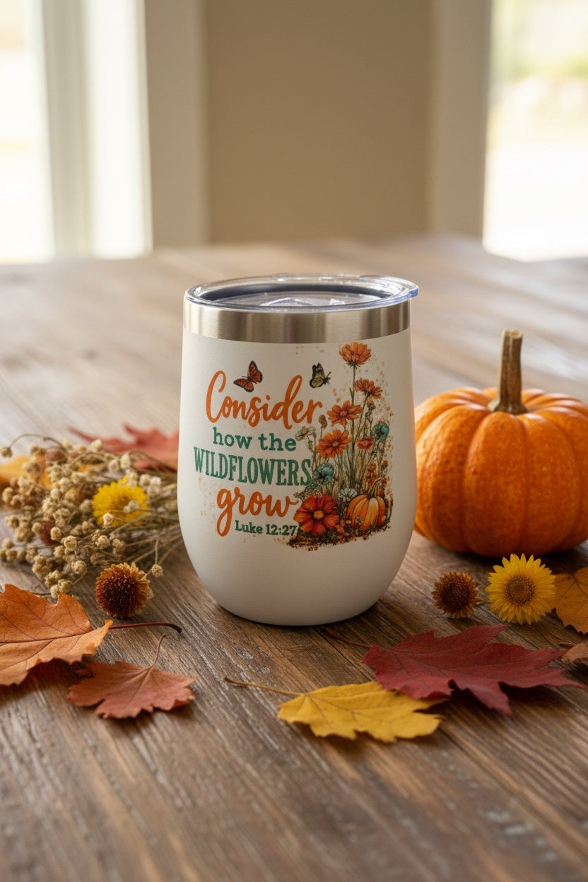 Consider how the Wildflowers Grow – Luke 12:27 Stemless Wine Tumbler – Handmade The Bargains Basement