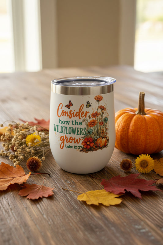 Consider how the Wildflowers Grow – Luke 12:27 Stemless Wine Tumbler – Handmade The Bargains Basement