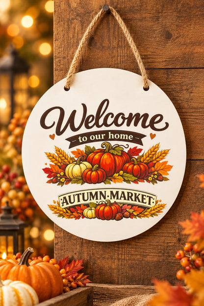 Welcome to Our Home Autumn Market White Metal Sign – 10 Inch The Bargains Basement