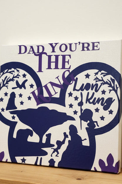 Lion King canvas sign for dad featuring Mickey Mouse silhouette and iconic characters on a cream background.