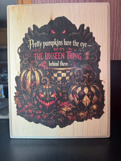 Pretty Pumpkins lure the eye - Halloween Wood Plaque - handmade The Bargains Basement