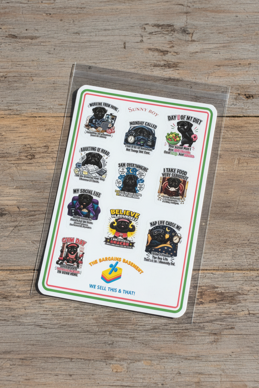 Sunny Boy Sticker Sheet – Black Pug Humor Series The Bargains Basement