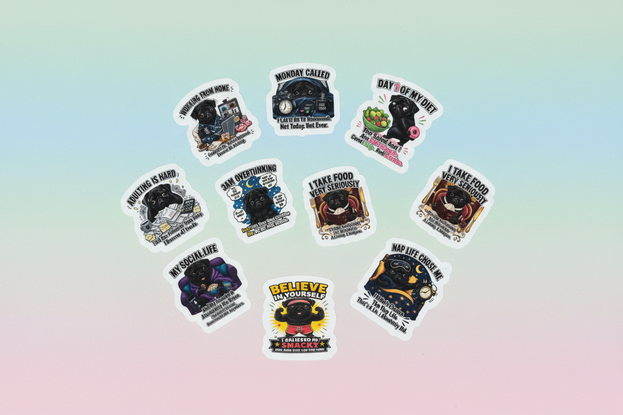 Sunny Boy Sticker Sheet – Black Pug Humor Series The Bargains Basement