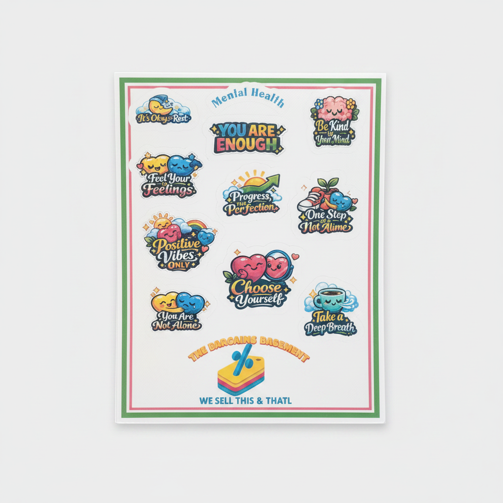 Mental Health Vinyl Sticker Sheet featuring motivational mental health stickers with uplifting messages.
