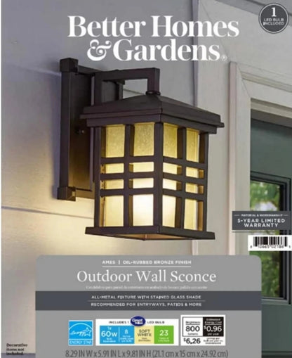 Better Homes & Gardens 9.8" Farmhouse Bronze Outdoor Wall Light, Metal Fixture Stained Glass Shade