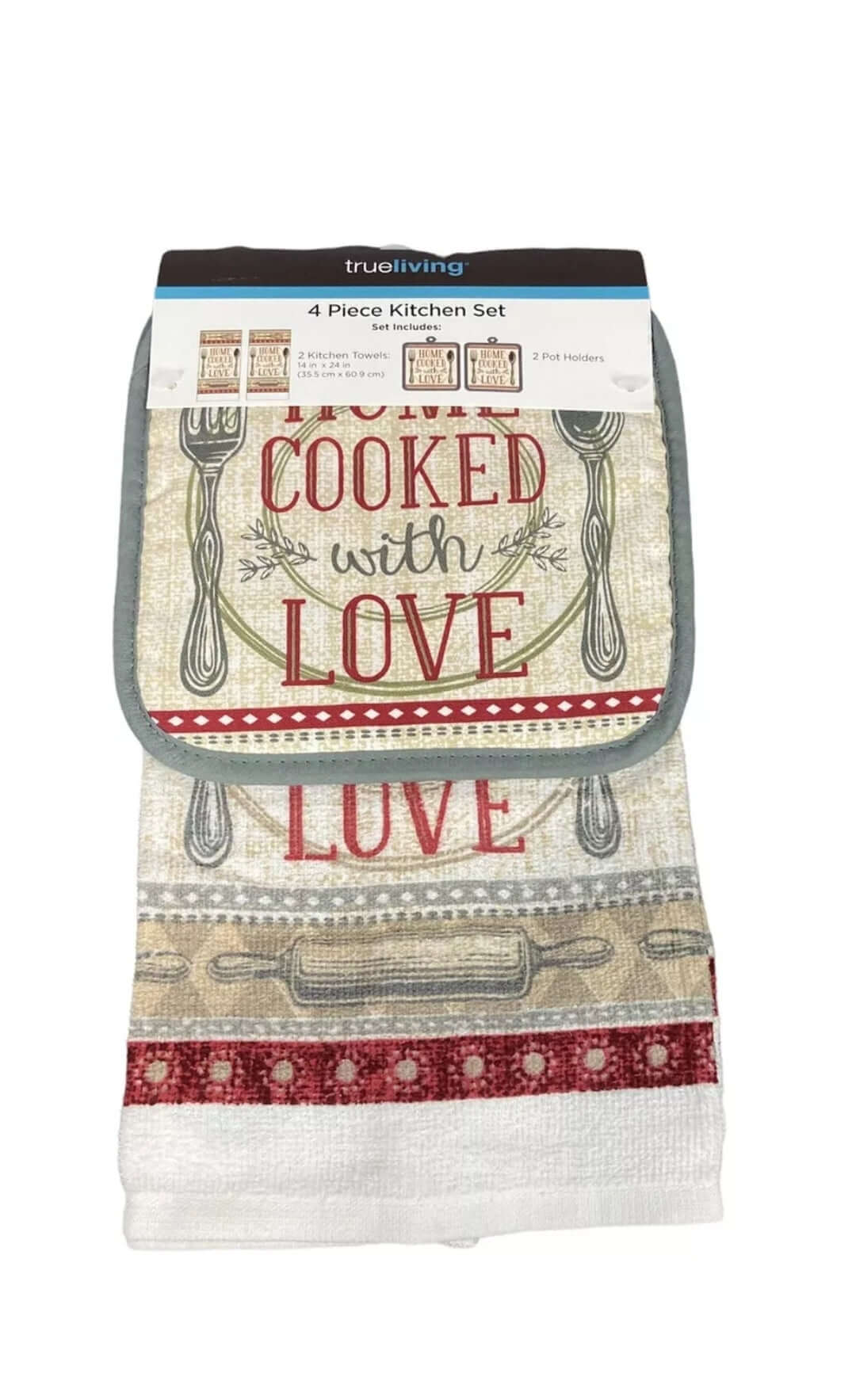 Kitchen Towel Set Home Cooked With Love Themed 4 Piece Set  2 Towels, 2 Hot Pads - The Bargains Basement
