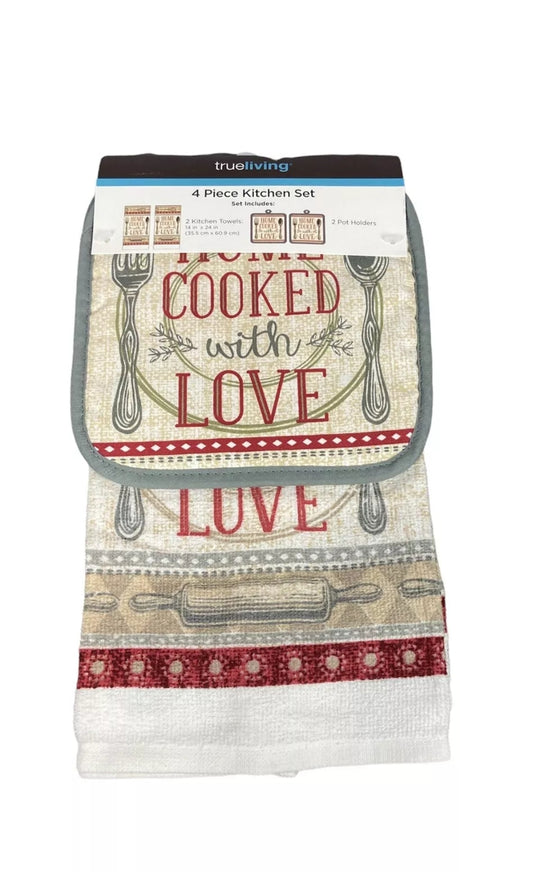 Kitchen Towel Set Home Cooked With Love Themed 4 Piece Set  2 Towels, 2 Hot Pads