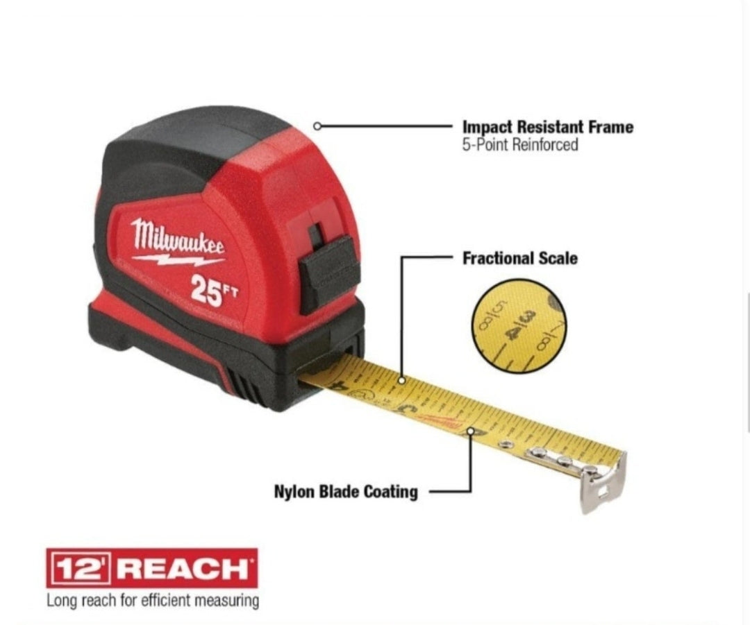 Milwaukee  25ft Wide Blade Compact Tape Measure NEW