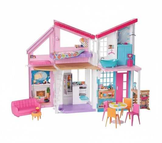 Barbie Malibu House Playset 2ft 6 Rooms-box Is Messed Up See Pictures, vibrant dollhouse with 6 rooms and colorful accessories.