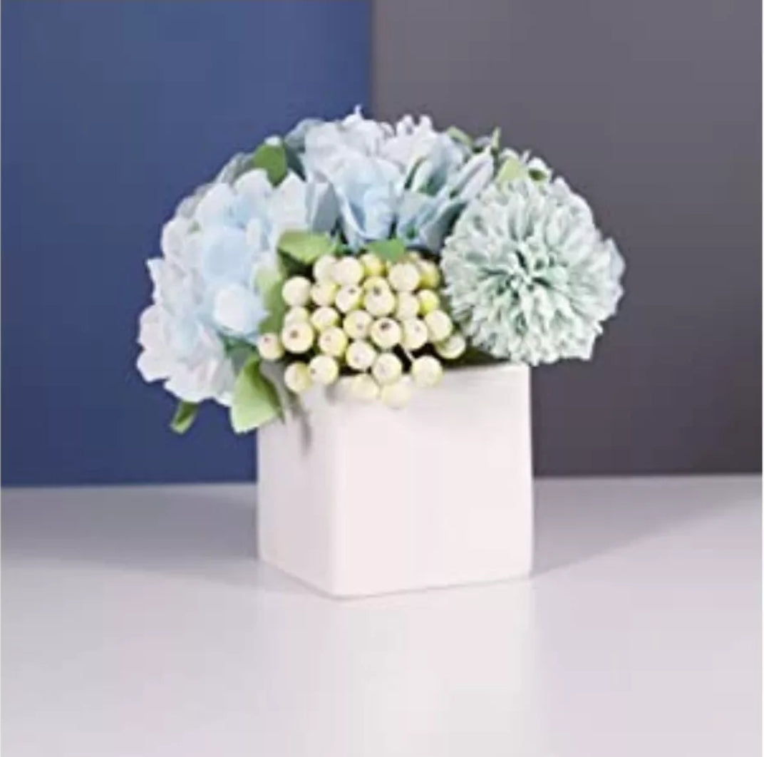 Artificial Faux Flowers with Small Ceramic Vase, Hydrangea with Vase Plastic...