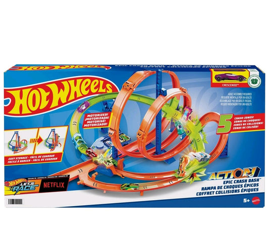 Hot Wheels Track Set With 5 Crash Zones, Motorized Booster And 1 Hot Wheels Car ( Open box )