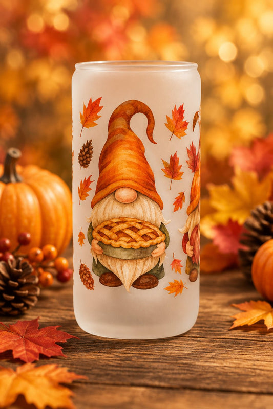 Autumn Gnome & Pie Frosted Glass Tumbler - The Bargains BasementAutumn Gnome & Pie Frosted Glass Tumbler