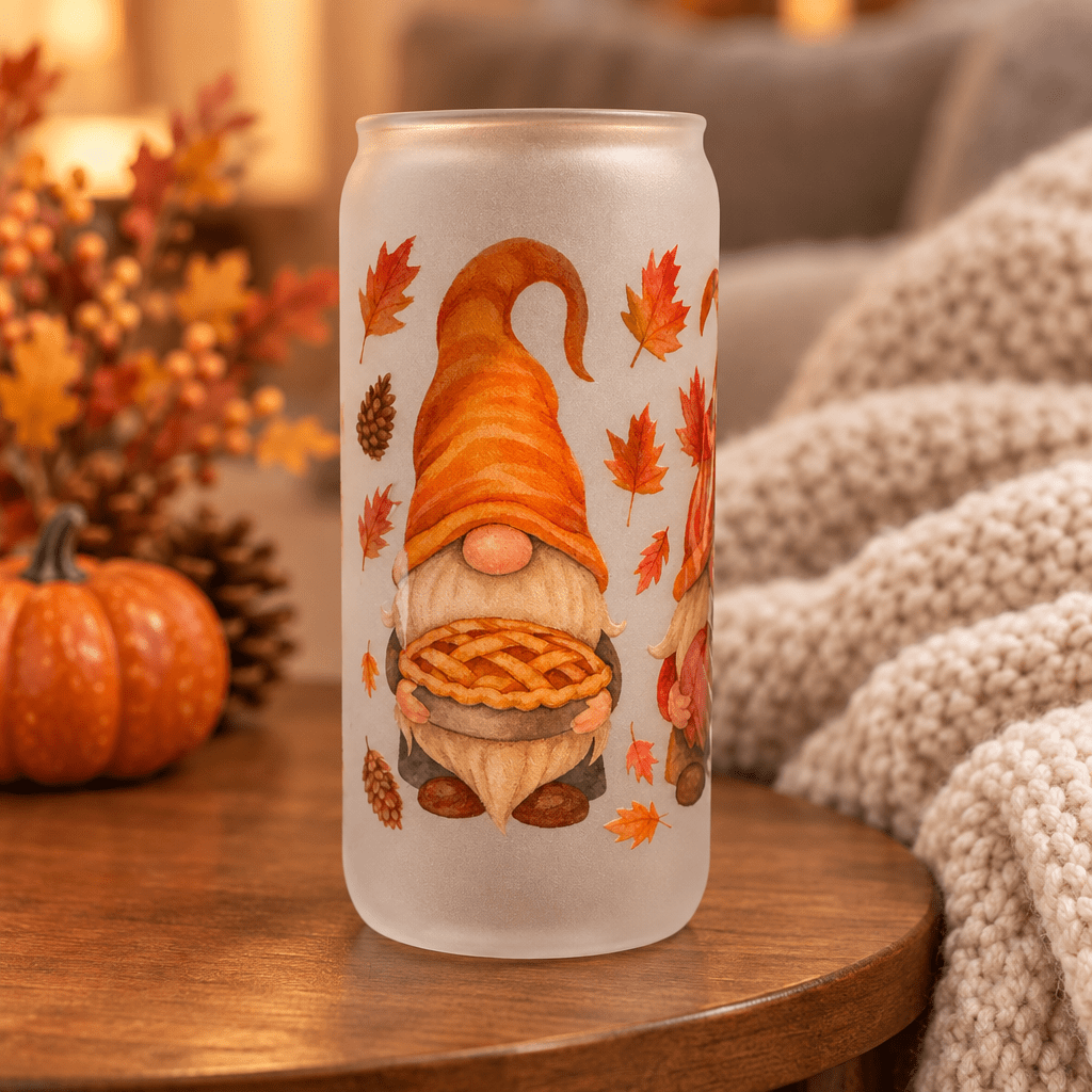 Autumn Gnome & Pie Frosted Glass Tumbler - The Bargains BasementAutumn Gnome & Pie Frosted Glass Tumbler