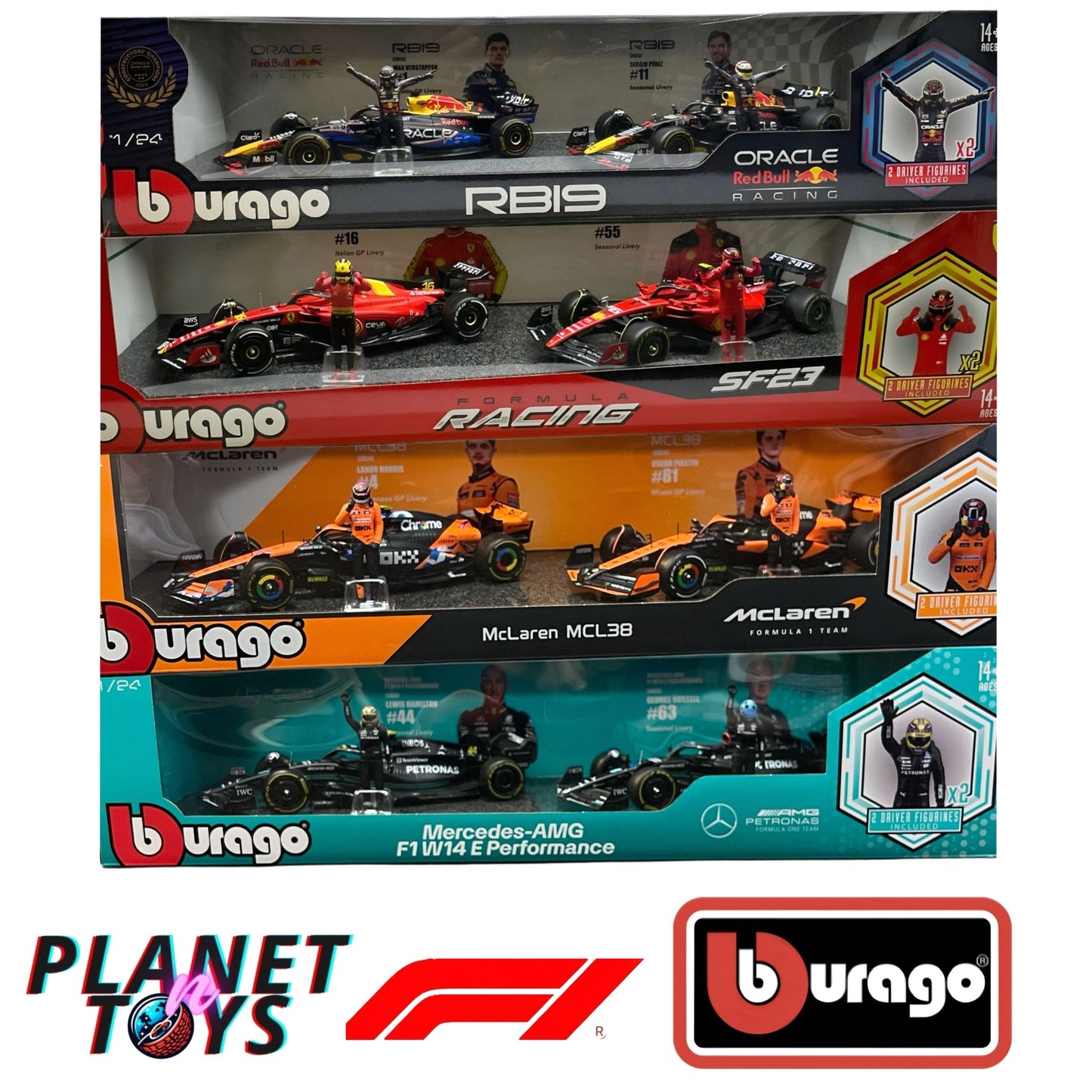 Bburago Formula One Racing 1:24 scale Race Cars with Driver Figures 2 - Pack - The Bargains BasementBburago Formula One Racing 1:24 scale Race Cars with Driver Figures 2 - Pack