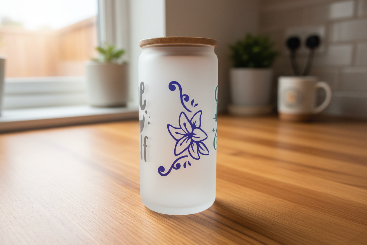 Take Time For Yourself – Handmade Frosted Glass Tumbler with Bamboo Lid The Bargains Basement
