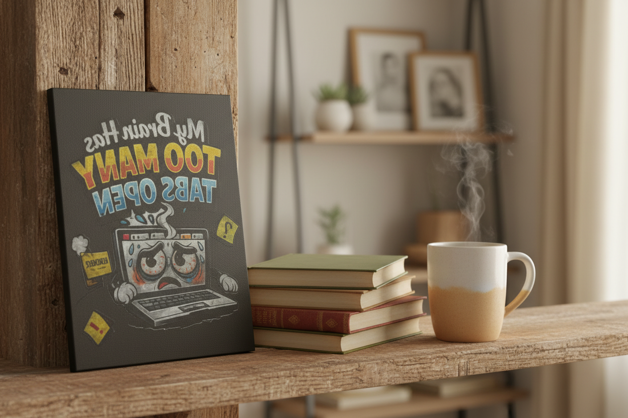 Funny canvas print for stressed minds featuring overwhelmed laptop design on a cozy shelf.
