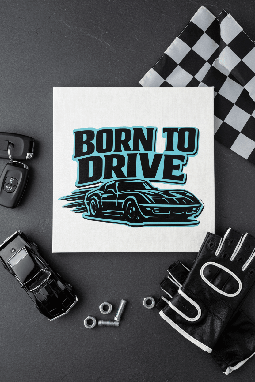 Handmade muscle car canvas sign featuring classic car graphics and 'Born to Drive' statement on a flat canvas.