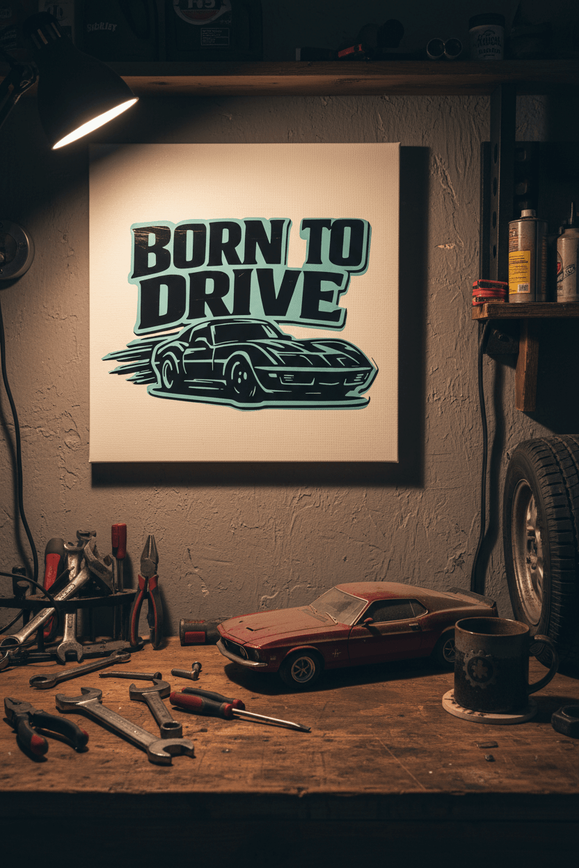 Born to Drive – Handmade muscle car canvas sign displayed in a garage workshop setting with tools and model car.