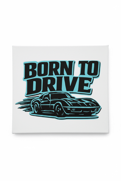 Born to Drive handmade muscle car canvas sign featuring a striking car graphic in teal and black colors.