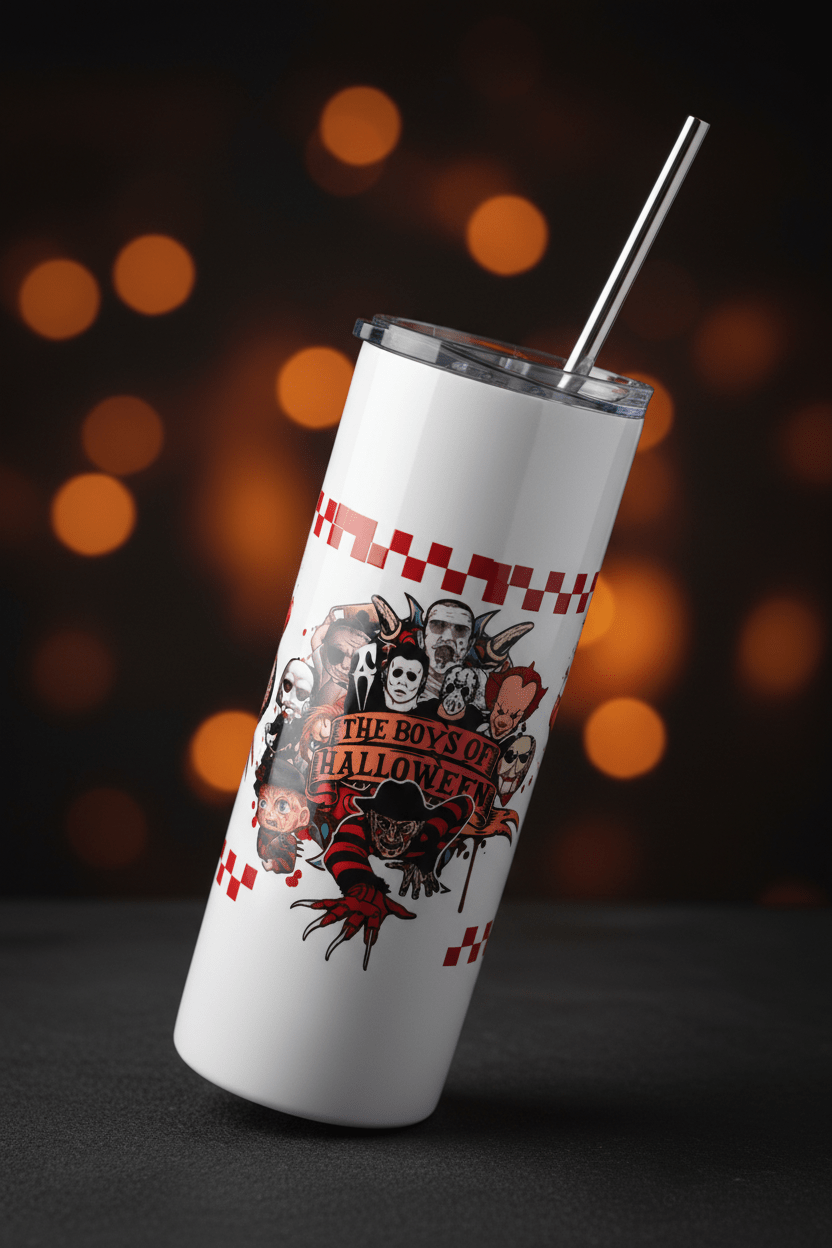 Boys of Halloween Double-Sided Stainless Steel Tumbler with Straw | 20oz Halloween Drinkware - The Bargains BasementBoys of Halloween Double-Sided Stainless Steel Tumbler with Straw | 20oz Halloween Drinkware