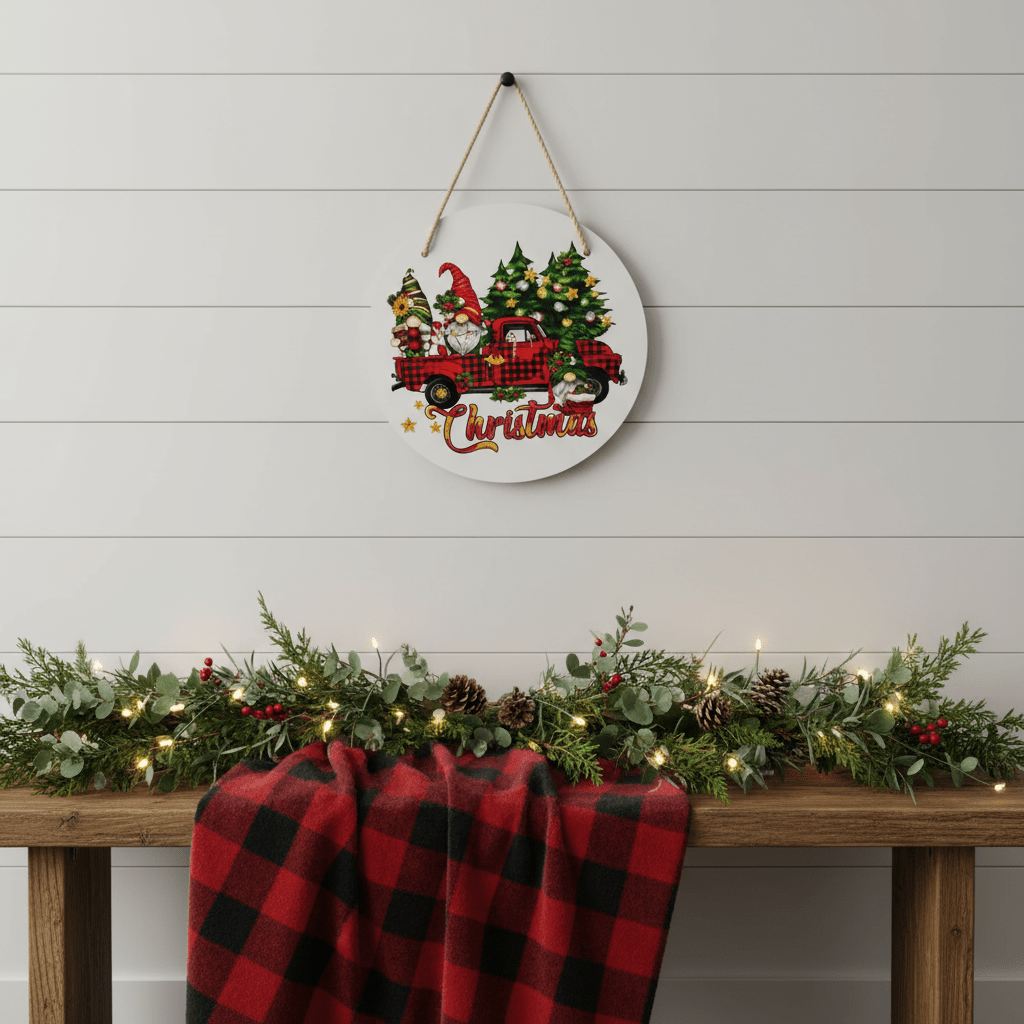 Christmas Gnomes Red Truck Round Metal Sign – 10 Inch Hanging Wall Decor - The Bargains BasementChristmas Gnomes Red Truck Round Metal Sign – 10 Inch Hanging Wall Decor