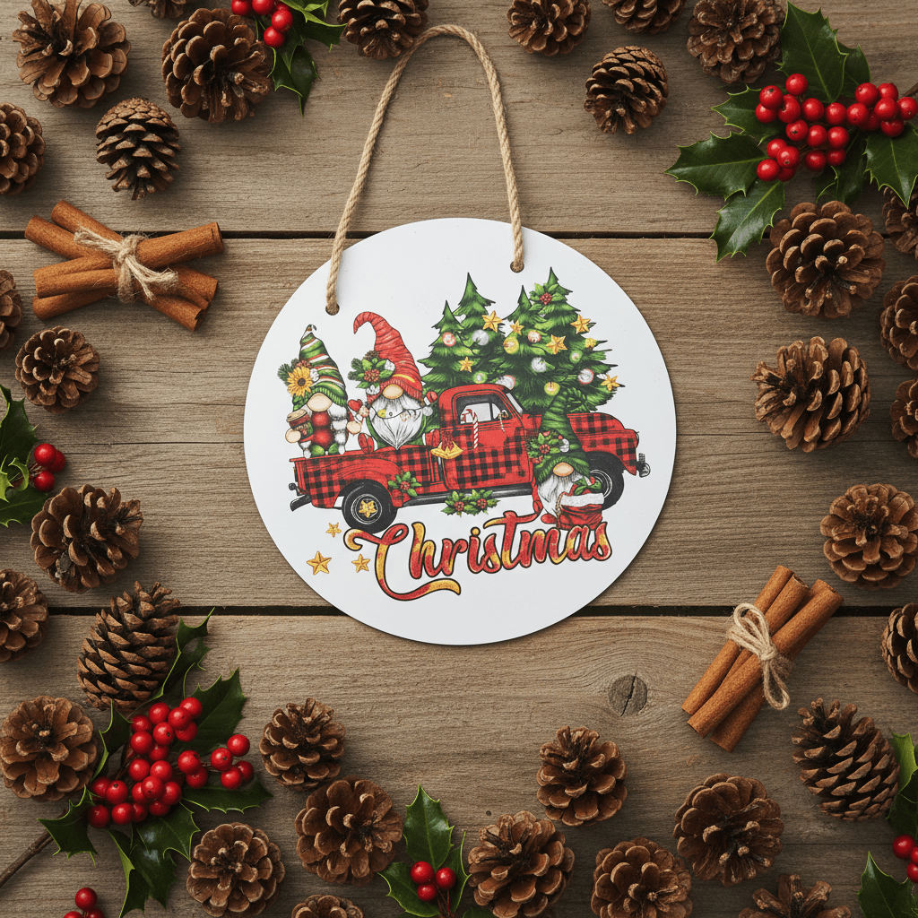 Christmas Gnomes Red Truck Round Metal Sign – 10 Inch Hanging Wall Decor - The Bargains BasementChristmas Gnomes Red Truck Round Metal Sign – 10 Inch Hanging Wall Decor