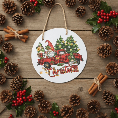 Christmas Gnomes Red Truck Round Metal Sign – 10 Inch Hanging Wall Decor - The Bargains BasementChristmas Gnomes Red Truck Round Metal Sign – 10 Inch Hanging Wall Decor