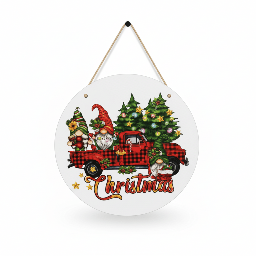 Christmas Gnomes Red Truck Round Metal Sign – 10 Inch Hanging Wall Decor - The Bargains BasementChristmas Gnomes Red Truck Round Metal Sign – 10 Inch Hanging Wall Decor