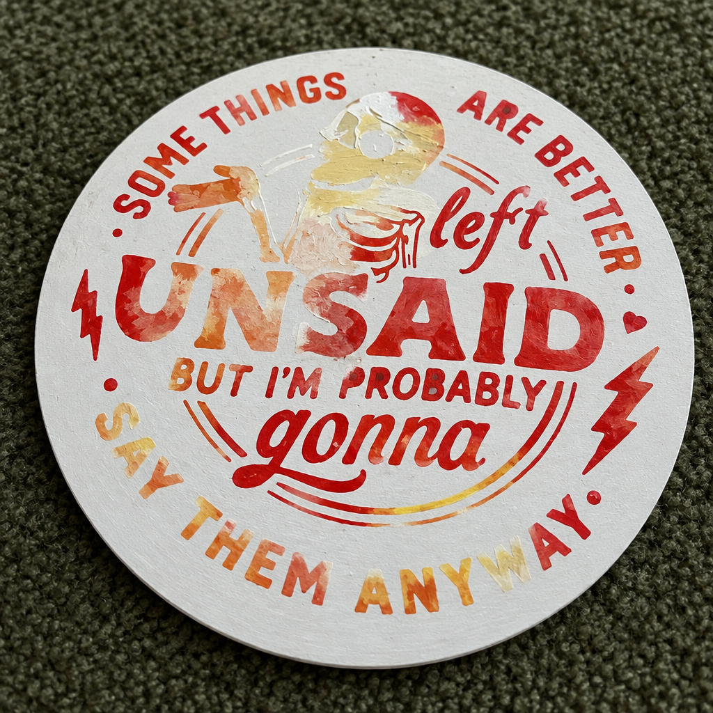 Close-up detail of handmade 10-inch round sign lettering