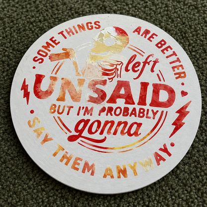 Close-up detail of handmade 10-inch round sign lettering