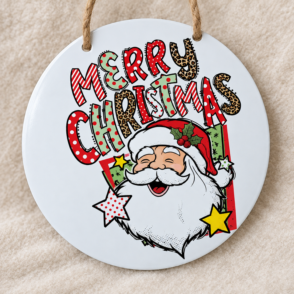 Close-up detail of the MERRY CHRISTMAS patterned lettering and Santa face