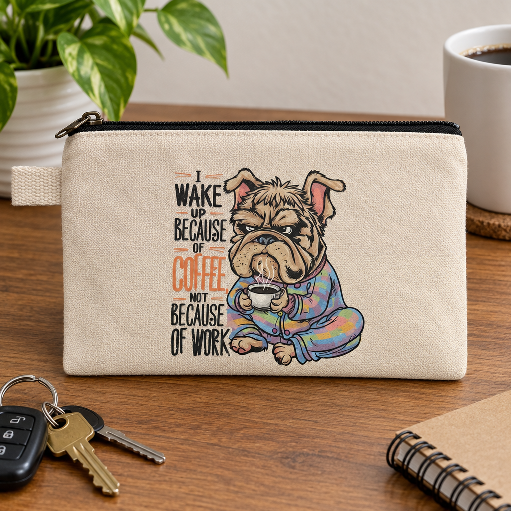 Coffee bulldog pouch on a desk
