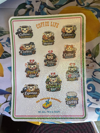 Coffee Life Vinyl Sticker Sheet – 10 Holographic Waterproof Stickers - The Bargains BasementCoffee Life Vinyl Sticker Sheet – 10 Holographic Waterproof Stickers