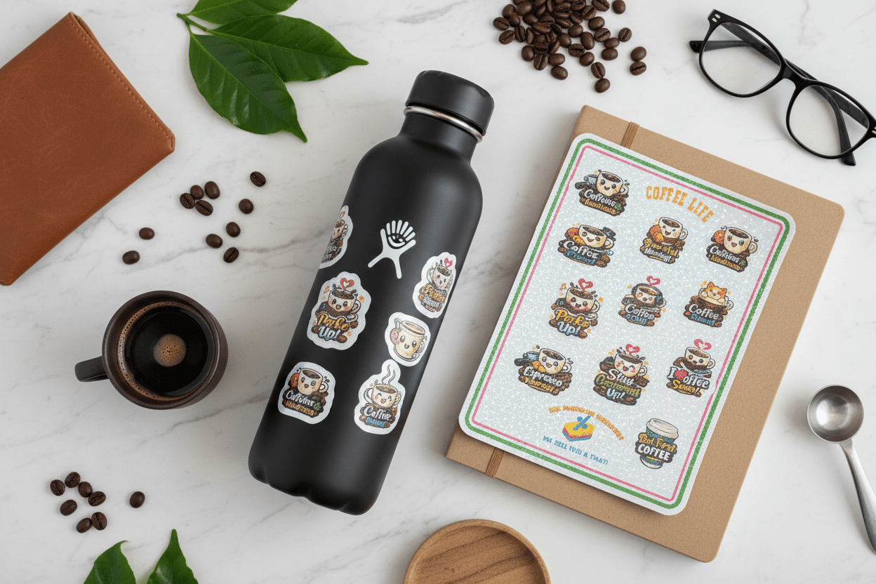 Coffee Life Vinyl Sticker Sheet – 10 Holographic Waterproof Stickers - The Bargains BasementCoffee Life Vinyl Sticker Sheet – 10 Holographic Waterproof Stickers