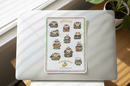 Coffee Life Vinyl Sticker Sheet – 10 Holographic Waterproof Stickers - The Bargains BasementCoffee Life Vinyl Sticker Sheet – 10 Holographic Waterproof Stickers