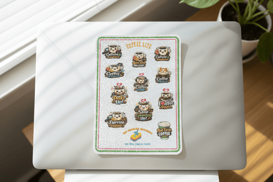 Coffee Life Vinyl Sticker Sheet – 10 Holographic Waterproof Stickers - The Bargains BasementCoffee Life Vinyl Sticker Sheet – 10 Holographic Waterproof Stickers