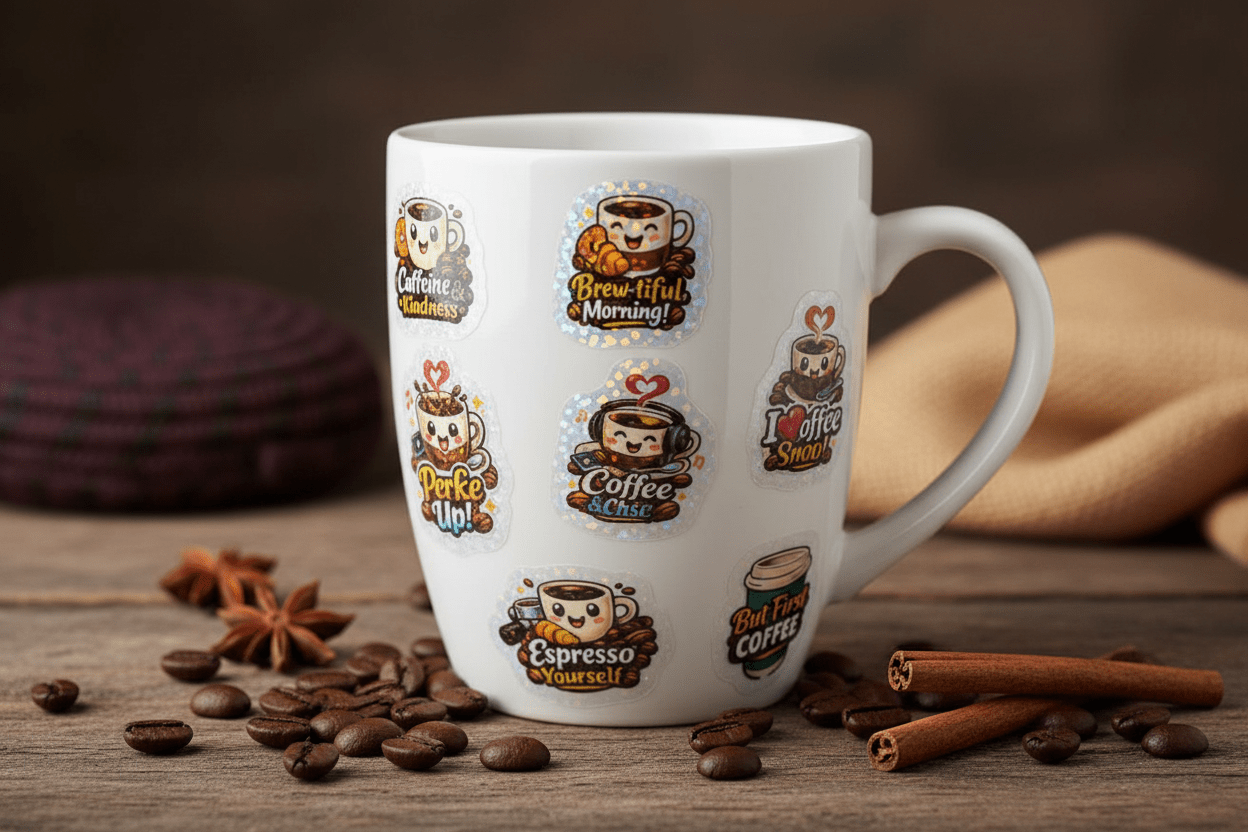 Coffee Life Vinyl Sticker Sheet – 10 Holographic Waterproof Stickers - The Bargains BasementCoffee Life Vinyl Sticker Sheet – 10 Holographic Waterproof Stickers