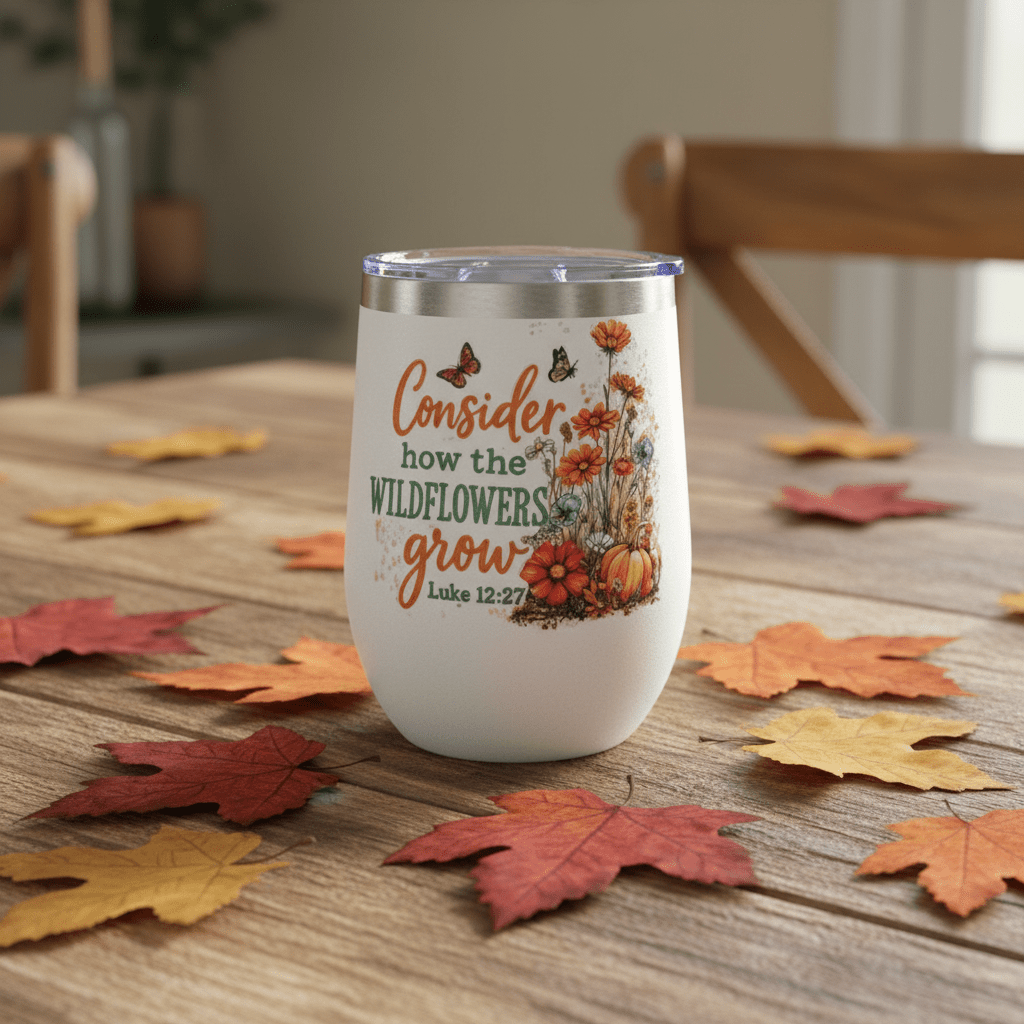 Consider how the Wildflowers Grow – Luke 12:27 Stemless Wine Tumbler – Handmade - The Bargains BasementConsider how the Wildflowers Grow – Luke 12:27 Stemless Wine Tumbler – Handmade