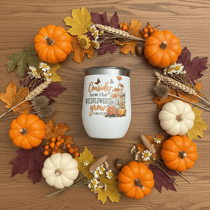 Consider how the Wildflowers Grow – Luke 12:27 Stemless Wine Tumbler – Handmade - The Bargains BasementConsider how the Wildflowers Grow – Luke 12:27 Stemless Wine Tumbler – Handmade