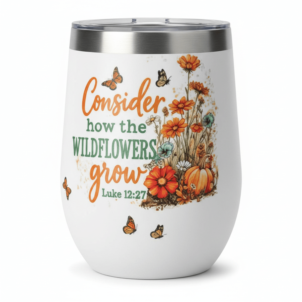 Consider how the Wildflowers Grow – Luke 12:27 Stemless Wine Tumbler – Handmade - The Bargains BasementConsider how the Wildflowers Grow – Luke 12:27 Stemless Wine Tumbler – Handmade