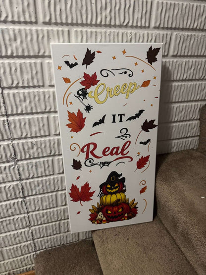 Creep It Real Halloween canvas sign decor with autumn leaves and jack-o'-lanterns, perfect for festive fall home decoration.