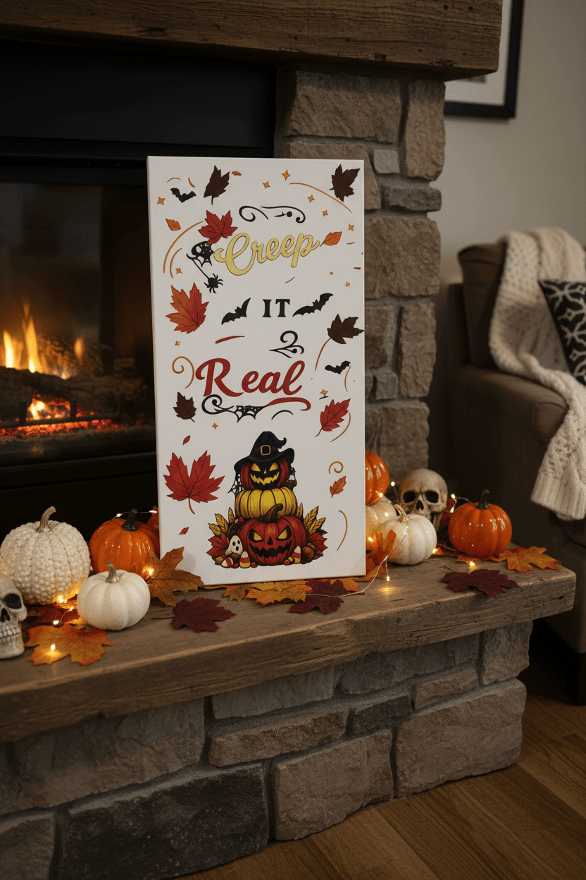 Creep It Real Halloween canvas sign decor with pumpkins, bats, and autumn leaves on a fireplace mantle.