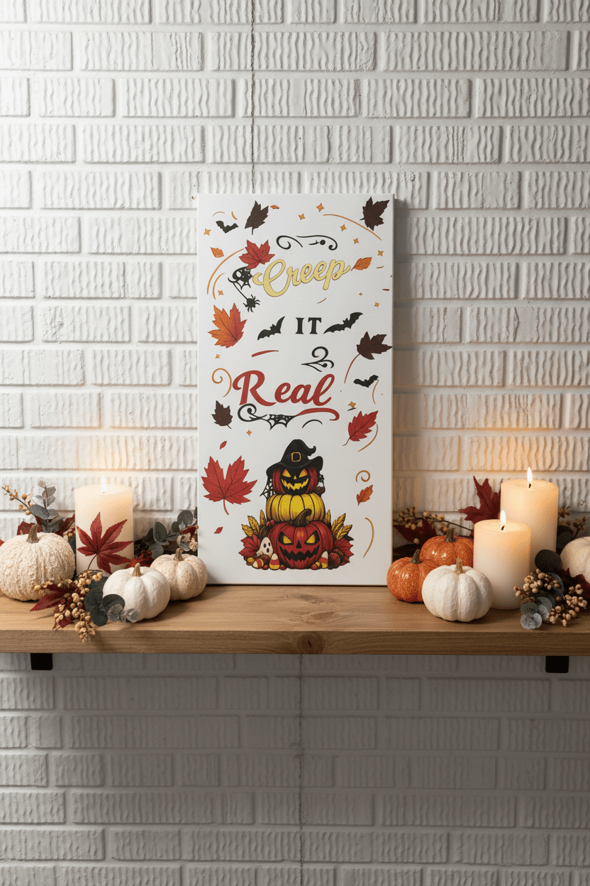 Creep It Real Halloween canvas sign decor featuring bats, pumpkins, and autumn leaves on a wooden shelf with candles.