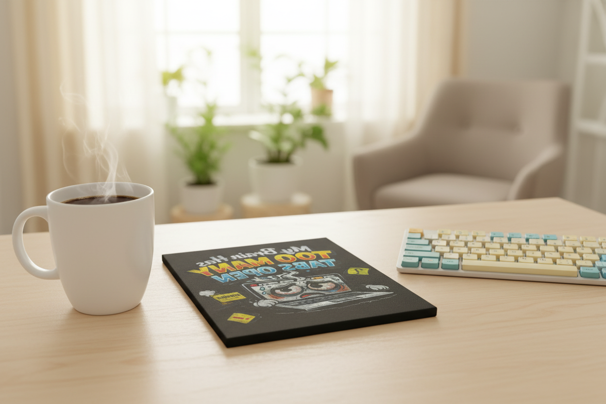 Funny canvas print for stressed minds featuring an overwhelmed laptop, ideal for office decor.