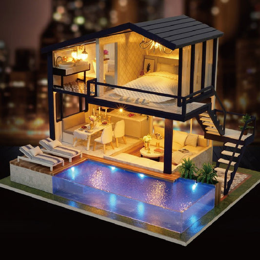 DIY Wooden Dollhouse Kit – 3D Miniature House with Furniture & LED Lights - The Bargains BasementDIY Wooden Dollhouse Kit – 3D Miniature House with Furniture & LED Lights