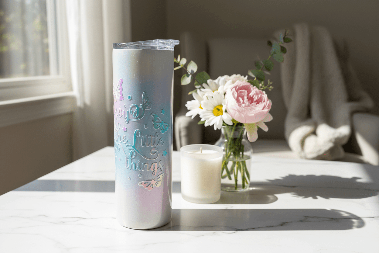 Enjoy the Little Things – Handmade Holographic Frosted Glass Tumbler - The Bargains BasementEnjoy the Little Things – Handmade Holographic Frosted Glass Tumbler