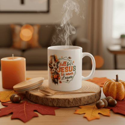 Fall for Jesus He Never Leaves Ceramic Mug Set with Bamboo Lid & Gold Spoon - The Bargains BasementFall for Jesus He Never Leaves Ceramic Mug Set with Bamboo Lid & Gold Spoon