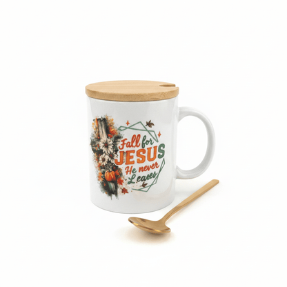 Fall for Jesus He Never Leaves Ceramic Mug Set with Bamboo Lid & Gold Spoon - The Bargains BasementFall for Jesus He Never Leaves Ceramic Mug Set with Bamboo Lid & Gold Spoon