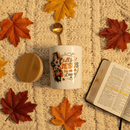 Fall for Jesus He Never Leaves Ceramic Mug Set with Bamboo Lid & Gold Spoon - The Bargains BasementFall for Jesus He Never Leaves Ceramic Mug Set with Bamboo Lid & Gold Spoon